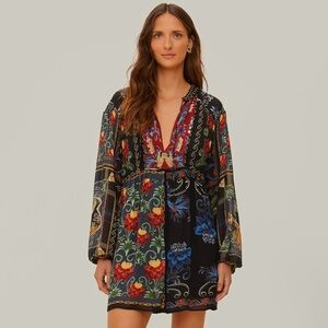 Farm Rio Black Mixed Arabesque Scarves Long Sleeve Mini Dress Size Small NEW